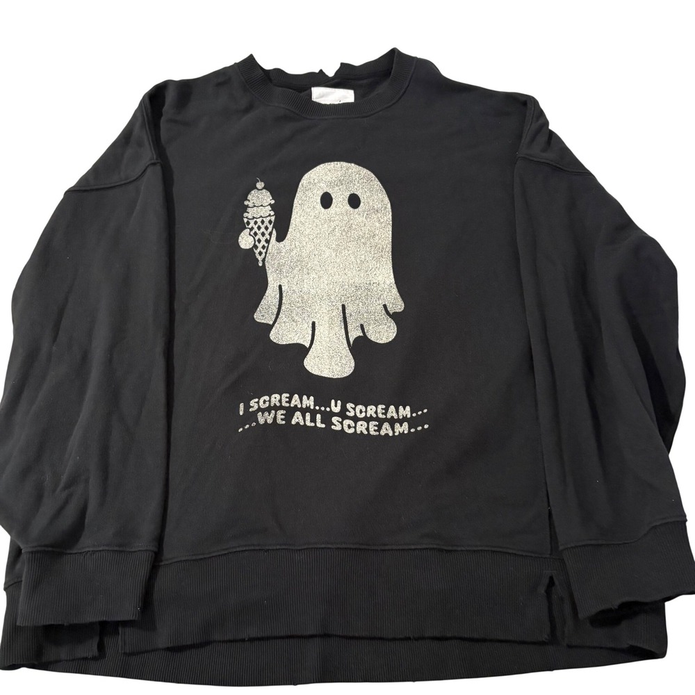Aerie Ghost Ice Cream Glitter Graphic Sweatshirt Black XL Halloween Pullover
